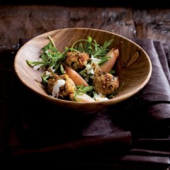 Pickled pear salad with chickpea fritters