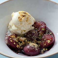 Pistachio-dusted poached plums
