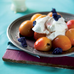 Poached peaches in rose syrup with white chocolate mousse