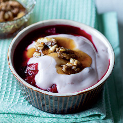 Poached plums with black-cherry yoghurt