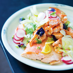Poached salmon with prawns