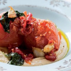 Poached sun-blushed tomatoes with hummus