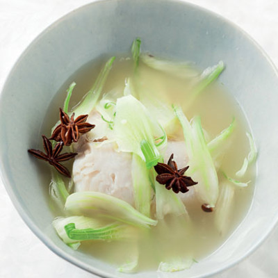 Poached white fish in Asian broth