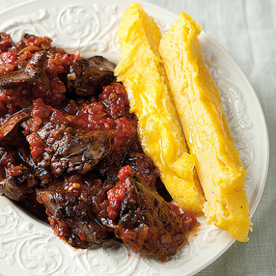 Polenta fingers and chilli chicken livers