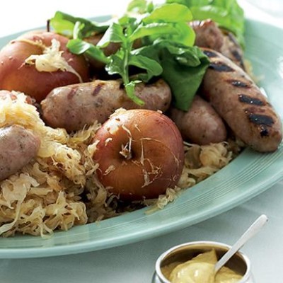 Pork-and-apple sausages with beer-baked sauerkraut