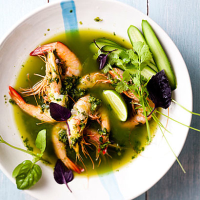 Prawns poached in green Thai curry broth