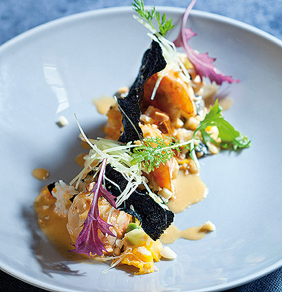 Prawns with butternut rice, red curry cream and seaweed crisps | Woolworths TASTE