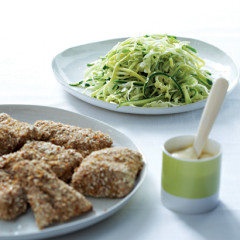 Pretzel-crumbed fish fillets with mustard mayonnaise and summer squash slaw