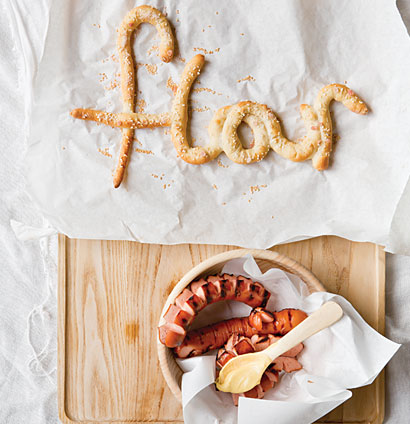 Pretzel letters with bratwurst and mustard | Woolworths TASTE