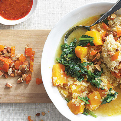 Pumpkin, red lentils, chickpeas and spinach with apricot and nut couscous