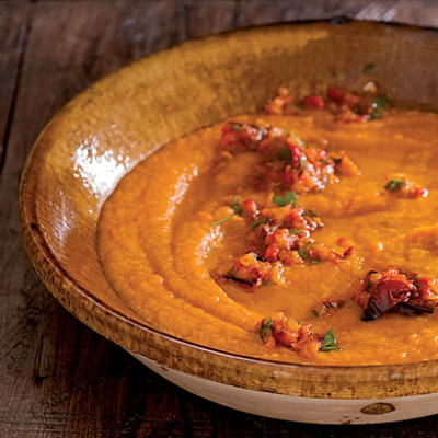 Pumpkin soup with roast pepper and chilli salsa