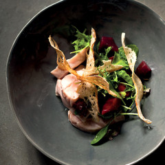 Rabbit and port-poached pear salad with balsamic dressing