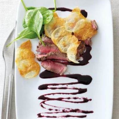 Rare beef with beetroot glaze and sheet potatoes