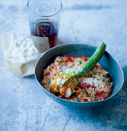 Red pepper risotto & ricotta-stuffed flowers recipe | TASTE