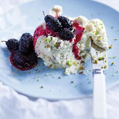 Ricotta and pistachio whip with syrup-drenched mulberries