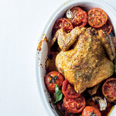 Roast chicken, tomatoes and basil