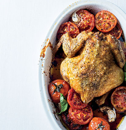 Roast Chicken, Tomatoes And Basil 