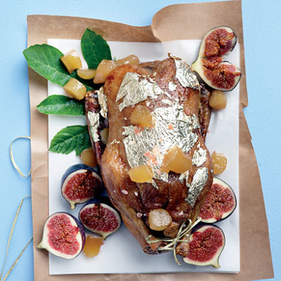 Roast duck with preserved ginger and figs in gold leaf