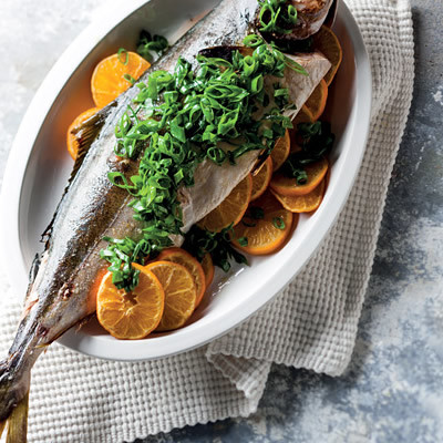 Roast honey-and-orange yellowtail with ginger spring onions