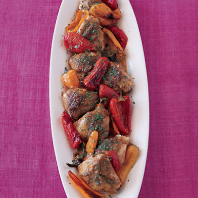 Roast Moroccan-rubbed chicken thighs and sweet peppers