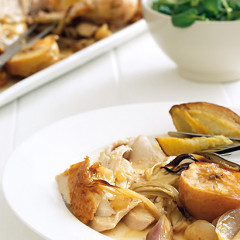 Roast organic chicken with apple, fennel, shallots and crispy sweet potatoes