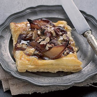 Roasted balsamic pear, pecan nut and brie tart