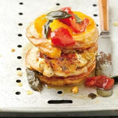 Roasted butternut and chicken burger with peppadews and sage butter