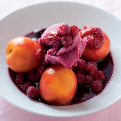 Rose-poached peaches with berry sorbet