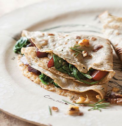 Rosemary buckwheat pancakes with wilted spinach, butternut and apple | Woolworths TASTE