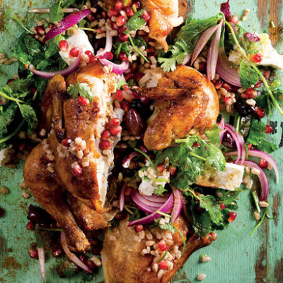 Rotisserie chicken with barley-and feta salad