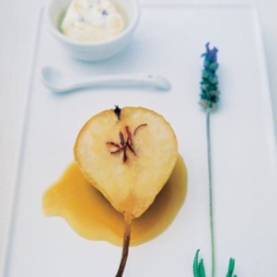 Saffron pears with lavender mascarpone