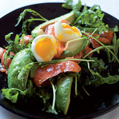 Salmon and avocado salad with soft-boiled eggs