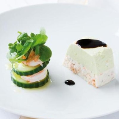 Salmon and avocado terrine with a cucumber and prawn tower