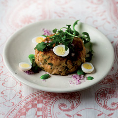 Salmon fish cakes with pickled quails' eggs