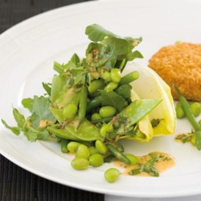 Salmon fish cakes with summer-greens salad