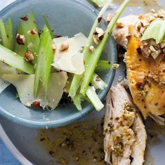 Salt-baked thai pesto chicken with celery and parmesan salad