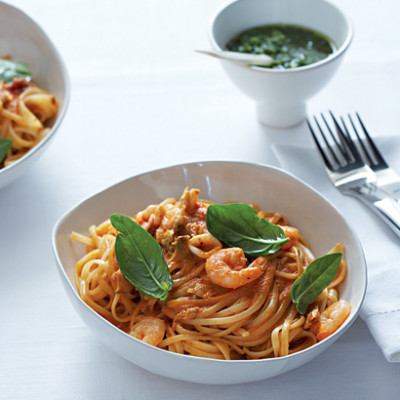 Seafood pasta with tomato and basil