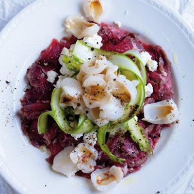 Seared beef carpaccio with ricotta, litchis and asparagus
