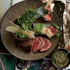 Seared beef rolled in rocket and rice paper