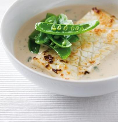 Seared calamari steaks in a coconut-and-peanut sauce served with sugar-snap peas | Woolworths TASTE