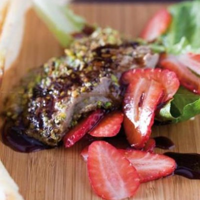 Seared chicken-liver pate with a drizzle of pomegranate