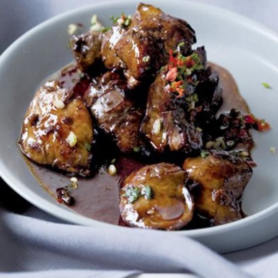 Seared chicken livers with a pomegranate and chilli glaze