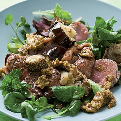 Seared lamb salad with grilled brinjals and mango atchar