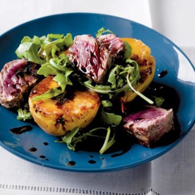 Seared ostrich fillet and baked pear salad