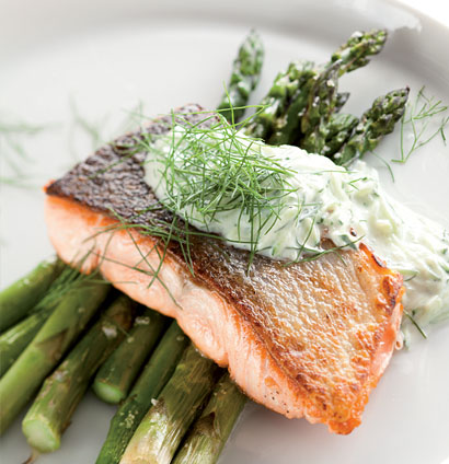 Seared salmon fillet with roast asparagus and dill tzatziki | Woolworths TASTE