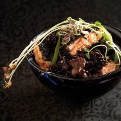 Seared salmon with black sesame crust, served with black fungi and black rice