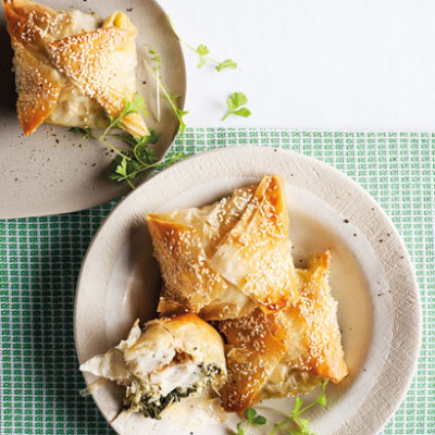 Sesame fish, feta and spinach pies