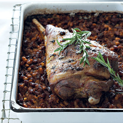 Slow-roasted lamb and beans with garlic and rosemary