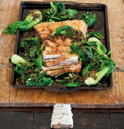 Slow-roasted pork belly with wilted bok choy, tatsoi and asian dressing | Woolworths TASTE