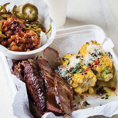 Smoked beef brisket, burnt-end beans and roast corn with chilli-and coriander salsa